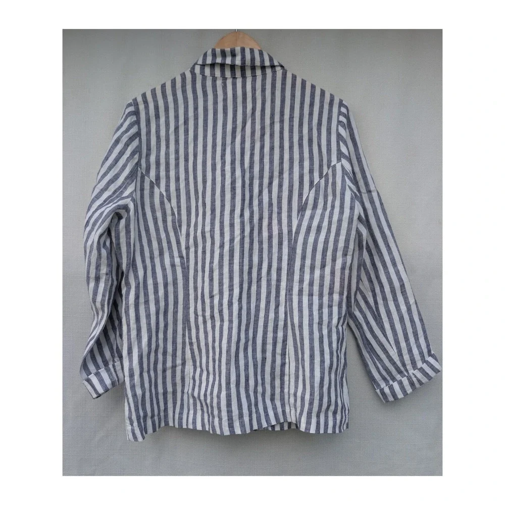 British Khaki Linen Striped Blazer Womens L Blue Coastal‎ Old Money Preppy